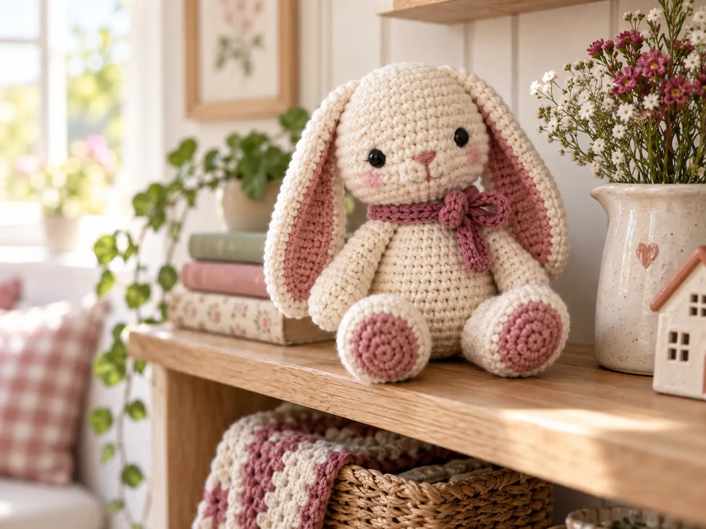 Cream and rose crochet bunny displayed in a cozy cottage room