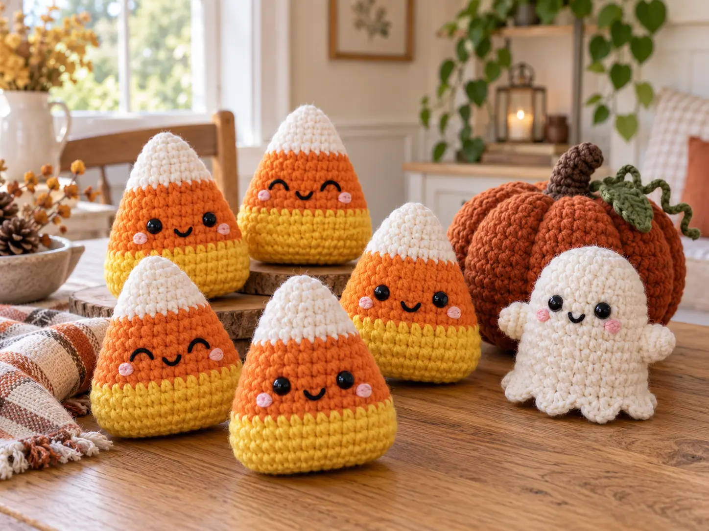 Smiling crochet candy corn, ghost, and pumpkin characters