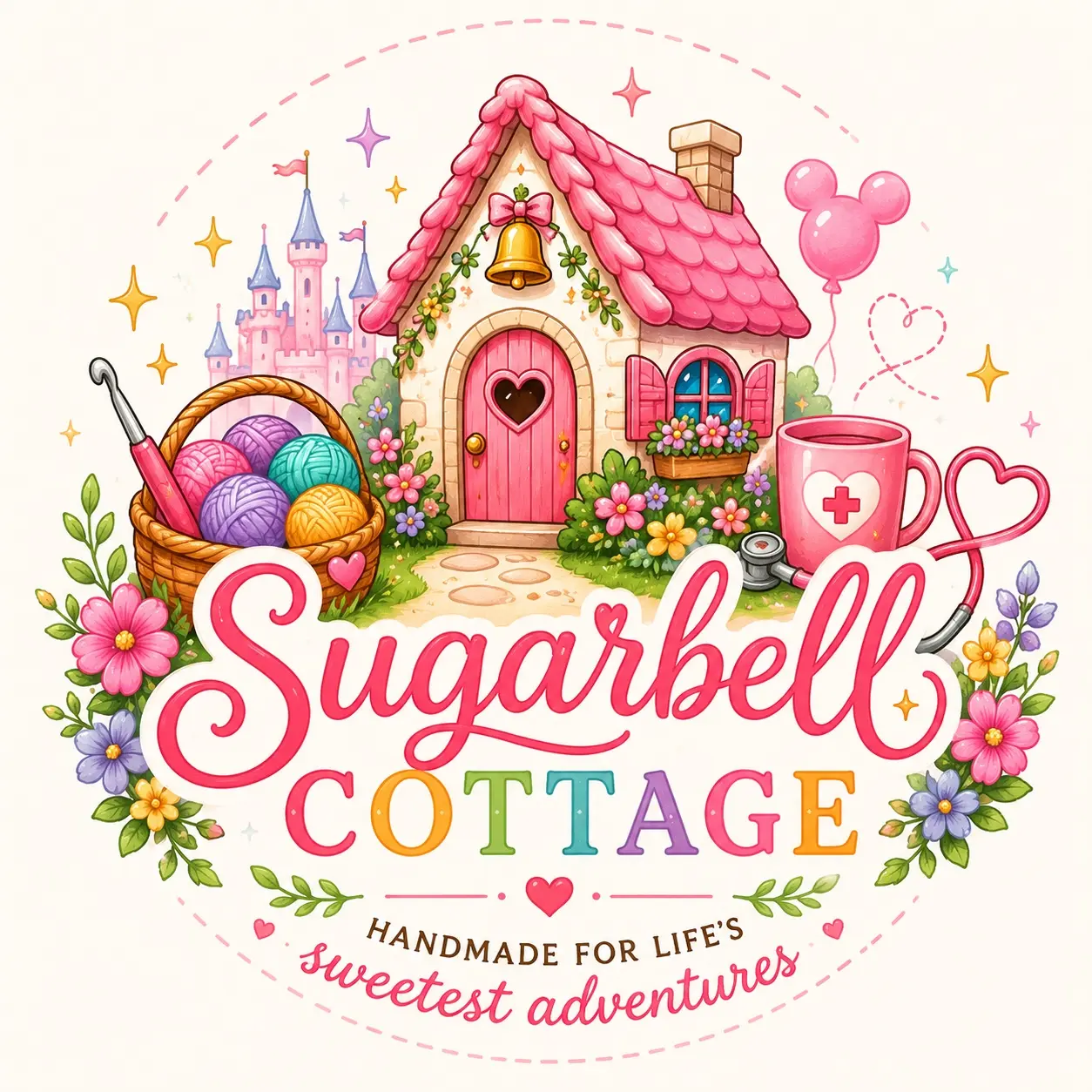 Sugarbell Cottage logo with a pink cottage, colorful yarn, flowers, and crochet hook